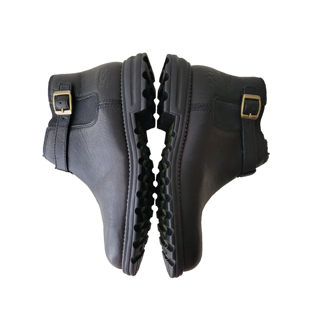 UGG Womens 9 Black Leather Sheepskin Chelsea Ankle Boots Lug Sole Buckle 5347